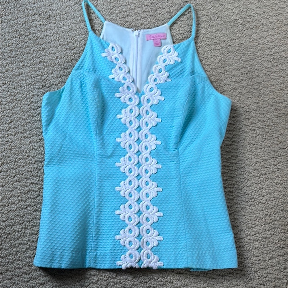 Blue Sleeveless Top with White Embroidery